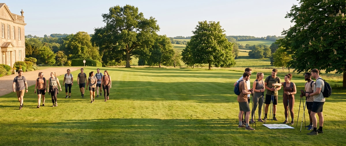 A diverse group of colleagues in sportswear on the lawn of an English country house, one team walking in as another plans its route over a map